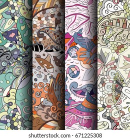 Set of tracery colorful seamless patterns. Vertical stripes. Curved doodling backgrounds for textile or printing with mehndi and ethnic motives. Vector