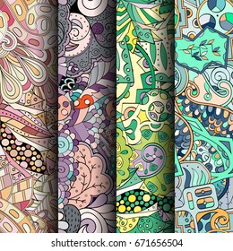 Set of tracery colorful seamless patterns. Vertical stripes. Curved doodling backgrounds for textile or printing with mehndi and ethnic motives. Vector