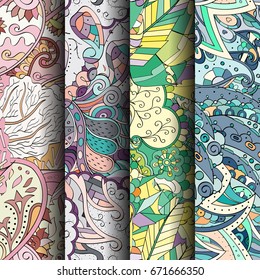 Set of tracery colorful seamless patterns. Vertical stripes. Curved doodling backgrounds for textile or printing with mehndi and ethnic motives. Vector