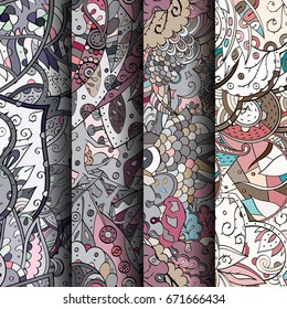 Set of tracery colorful seamless patterns. Vertical stripes. Curved doodling backgrounds for textile or printing with mehndi and ethnic motives. Vector