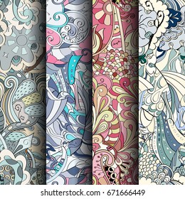 Set of tracery colorful seamless patterns. Vertical stripes. Curved doodling backgrounds for textile or printing with mehndi and ethnic motives. Vector