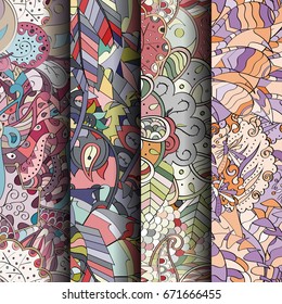 Set of tracery colorful seamless patterns. Vertical stripes. Curved doodling backgrounds for textile or printing with mehndi and ethnic motives. Vector