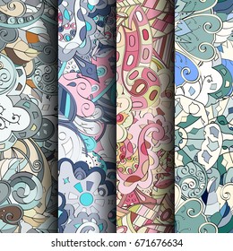 Set of tracery colorful seamless patterns. Vertical stripes. Curved doodling backgrounds for textile or printing with mehndi and ethnic motives. Vector