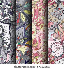 Set of tracery colorful seamless patterns. Vertical stripes. Curved doodling backgrounds for textile or printing with mehndi and ethnic motives. Vector