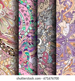 Set of tracery colorful seamless patterns. Vertical stripes. Curved doodling backgrounds for textile or printing with mehndi and ethnic motives. Vector