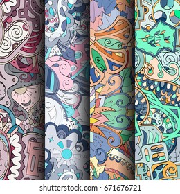 Set of tracery colorful seamless patterns. Vertical stripes. Curved doodling backgrounds for textile or printing with mehndi and ethnic motives. Vector