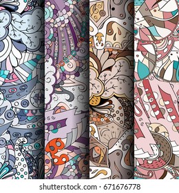 Set of tracery colorful seamless patterns. Vertical stripes. Curved doodling backgrounds for textile or printing with mehndi and ethnic motives. Vector