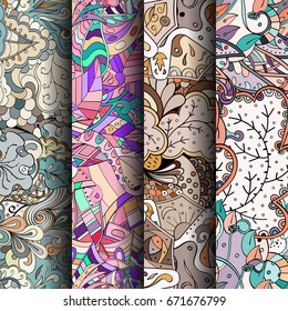 Set of tracery colorful seamless patterns. Vertical stripes. Curved doodling backgrounds for textile or printing with mehndi and ethnic motives. Vector
