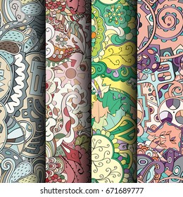 Set of tracery colorful seamless patterns. Vertical stripes. Curved doodling backgrounds for textile or printing with mehndi and ethnic motives. Vector