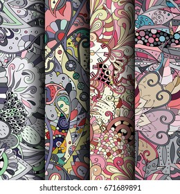 Set of tracery colorful seamless patterns. Vertical stripes. Curved doodling backgrounds for textile or printing with mehndi and ethnic motives. Vector