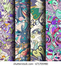 Set of tracery colorful seamless patterns. Vertical stripes. Curved doodling backgrounds for textile or printing with mehndi and ethnic motives. Vector