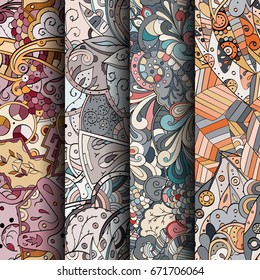 Set of tracery colorful seamless patterns. Vertical stripes. Curved doodling backgrounds for textile or printing with mehndi and ethnic motives. Vector