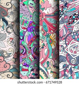 Set of tracery colorful seamless patterns. Vertical stripes. Curved doodling backgrounds for textile or printing with mehndi and ethnic motives. Vector