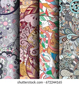 Set of tracery colorful seamless patterns. Vertical stripes. Curved doodling backgrounds for textile or printing with mehndi and ethnic motives. Vector