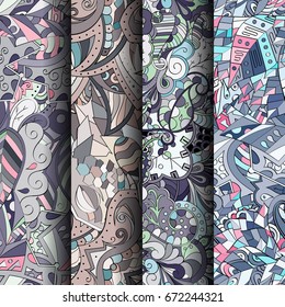 Set of tracery colorful seamless patterns. Vertical stripes. Curved doodling backgrounds for textile or printing with mehndi and ethnic motives. Vector