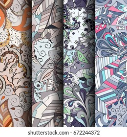 Set of tracery colorful seamless patterns. Vertical stripes. Curved doodling backgrounds for textile or printing with mehndi and ethnic motives. Vector