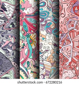 Set of tracery colorful seamless patterns. Vertical stripes. Curved doodling backgrounds for textile or printing with mehndi and ethnic motives. Vector