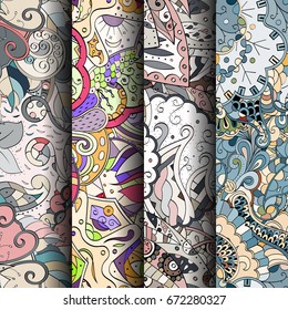Set of tracery colorful seamless patterns. Vertical stripes. Curved doodling backgrounds for textile or printing with mehndi and ethnic motives. Vector