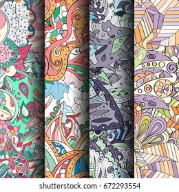 Set of tracery colorful seamless patterns. Vertical stripes. Curved doodling backgrounds for textile or printing with mehndi and ethnic motives. Vector