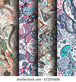 Set of tracery colorful seamless patterns. Vertical stripes. Curved doodling backgrounds for textile or printing with mehndi and ethnic motives. Vector
