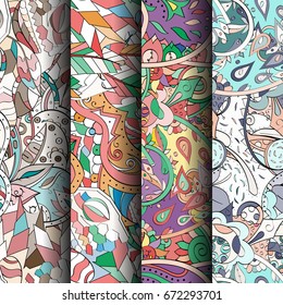 Set of tracery colorful seamless patterns. Vertical stripes. Curved doodling backgrounds for textile or printing with mehndi and ethnic motives. Vector