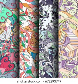 Set of tracery colorful seamless patterns. Vertical stripes. Curved doodling backgrounds for textile or printing with mehndi and ethnic motives. Vector