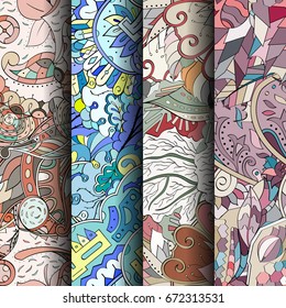 Set of tracery colorful seamless patterns. Vertical stripes. Curved doodling backgrounds for textile or printing with mehndi and ethnic motives. Vector