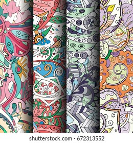 Set of tracery colorful seamless patterns. Vertical stripes. Curved doodling backgrounds for textile or printing with mehndi and ethnic motives. Vector
