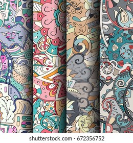 Set of tracery colorful seamless patterns. Vertical stripes. Curved doodling backgrounds for textile or printing with mehndi and ethnic motives. Vector