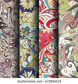 Set of tracery colorful seamless patterns. Vertical stripes. Curved doodling backgrounds for textile or printing with mehndi and ethnic motives. Vector