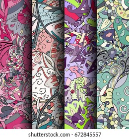 Set of tracery colorful seamless patterns. Vertical stripes. Curved doodling backgrounds for textile or printing with mehndi and ethnic motives. Vector