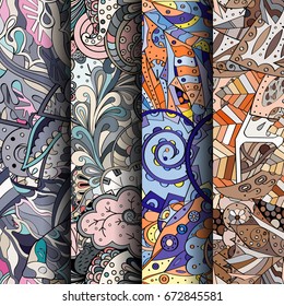 Set of tracery colorful seamless patterns. Vertical stripes. Curved doodling backgrounds for textile or printing with mehndi and ethnic motives. Vector