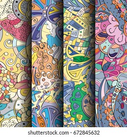 Set of tracery colorful seamless patterns. Vertical stripes. Curved doodling backgrounds for textile or printing with mehndi and ethnic motives. Vector