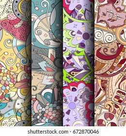 Set of tracery colorful seamless patterns. Vertical stripes. Curved doodling backgrounds for textile or printing with mehndi and ethnic motives. Vector