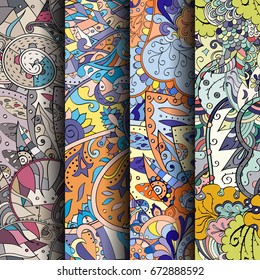 Set of tracery colorful seamless patterns. Vertical stripes. Curved doodling backgrounds for textile or printing with mehndi and ethnic motives. Vector