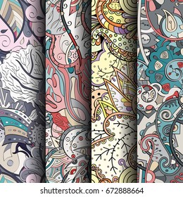Set of tracery colorful seamless patterns. Vertical stripes. Curved doodling backgrounds for textile or printing with mehndi and ethnic motives. Vector