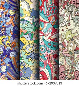 Set of tracery colorful seamless patterns. Vertical stripes. Curved doodling backgrounds for textile or printing with mehndi and ethnic motives. Vector