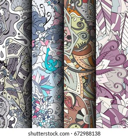 Set of tracery colorful seamless patterns. Vertical stripes. Curved doodling backgrounds for textile or printing with mehndi and ethnic motives. Vector