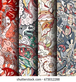 Set of tracery colorful seamless patterns. Vertical stripes. Curved doodling backgrounds for textile or printing with mehndi and ethnic motives. Vector