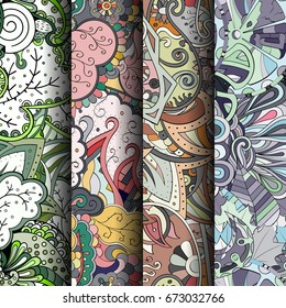 Set of tracery colorful seamless patterns. Vertical stripes. Curved doodling backgrounds for textile or printing with mehndi and ethnic motives. Vector