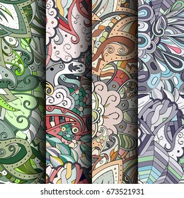 Set of tracery colorful seamless patterns. Vertical stripes. Curved doodling backgrounds for textile or printing with mehndi and ethnic motives. Vector