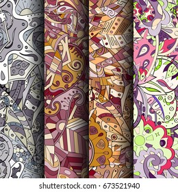 Set of tracery colorful seamless patterns. Vertical stripes. Curved doodling backgrounds for textile or printing with mehndi and ethnic motives. Vector