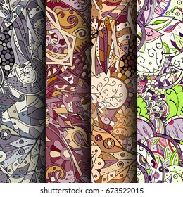 Set of tracery colorful seamless patterns. Vertical stripes. Curved doodling backgrounds for textile or printing with mehndi and ethnic motives. Vector