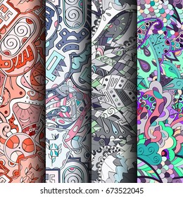 Set of tracery colorful seamless patterns. Vertical stripes. Curved doodling backgrounds for textile or printing with mehndi and ethnic motives. Vector