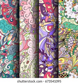 Set of tracery colorful seamless patterns. Vertical stripes. Curved doodling backgrounds for textile or printing with mehndi and ethnic motives. Vector