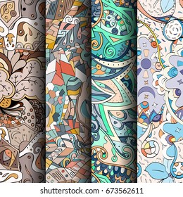 Set of tracery colorful seamless patterns. Vertical stripes. Curved doodling backgrounds for textile or printing with mehndi and ethnic motives. Vector