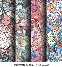 Set of tracery colorful seamless patterns. Vertical stripes. Curved doodling backgrounds for textile or printing with mehndi and ethnic motives. Vector