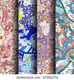 Set of tracery colorful seamless patterns. Vertical stripes. Curved doodling backgrounds for textile or printing with mehndi and ethnic motives. Vector