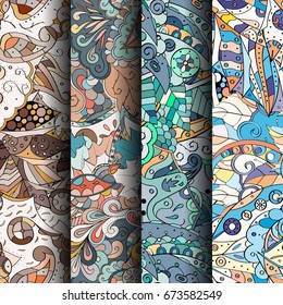 Set of tracery colorful seamless patterns. Vertical stripes. Curved doodling backgrounds for textile or printing with mehndi and ethnic motives. Vector