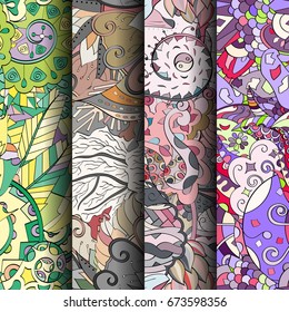 Set of tracery colorful seamless patterns. Vertical stripes. Curved doodling backgrounds for textile or printing with mehndi and ethnic motives. Vector